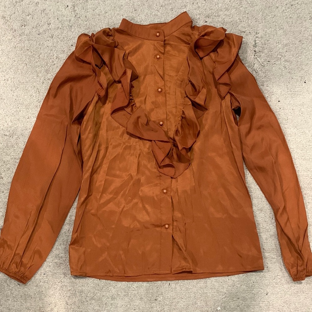 Button front ruffle trim top